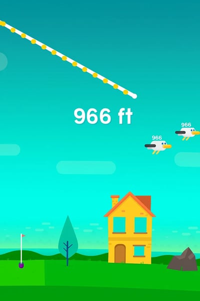 A house with a golf ball flying over it.